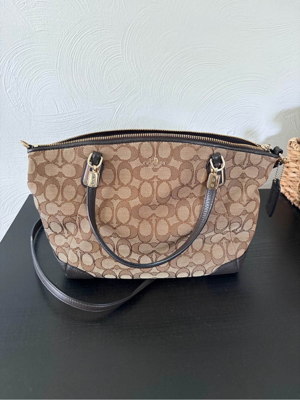Coach Brown Signature Canvas Satchel with Dark Brown Trim